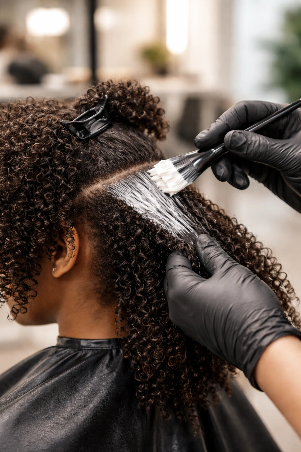 Close-up of hair texturizer application in a salon focusing on hair texture.