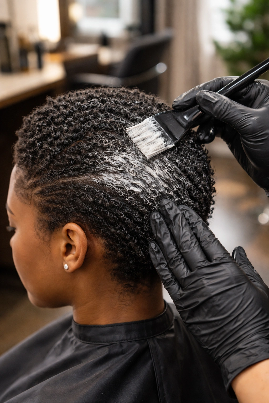 Close-up of gloved hands applying hair texturizer cream to a client's scalp in a salon