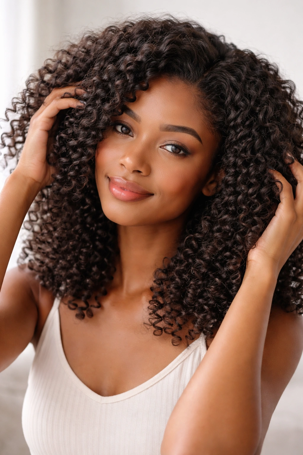 Model with softened, manageable curls after texturizing.