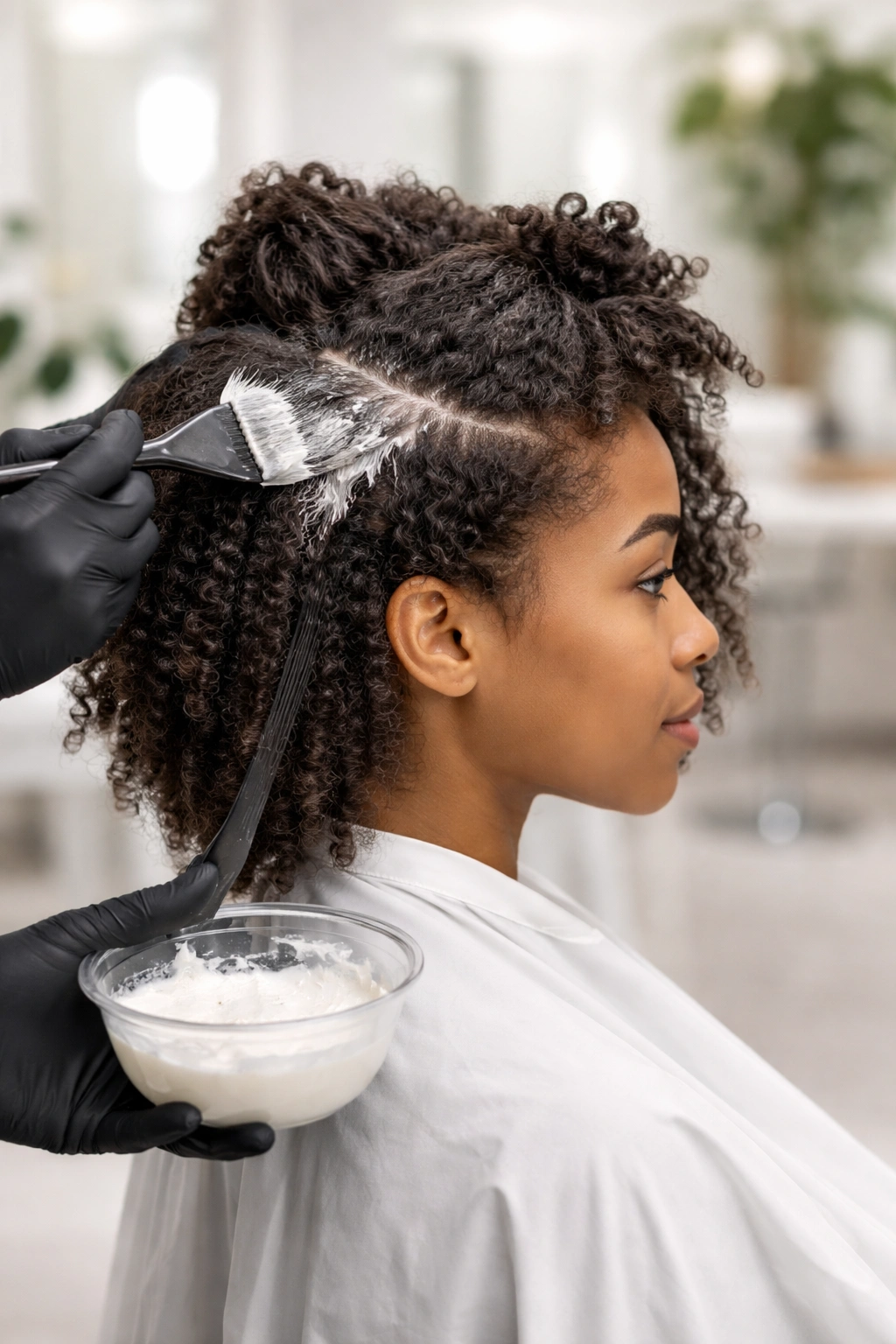 Salon processing moment showing hair texturizer application.