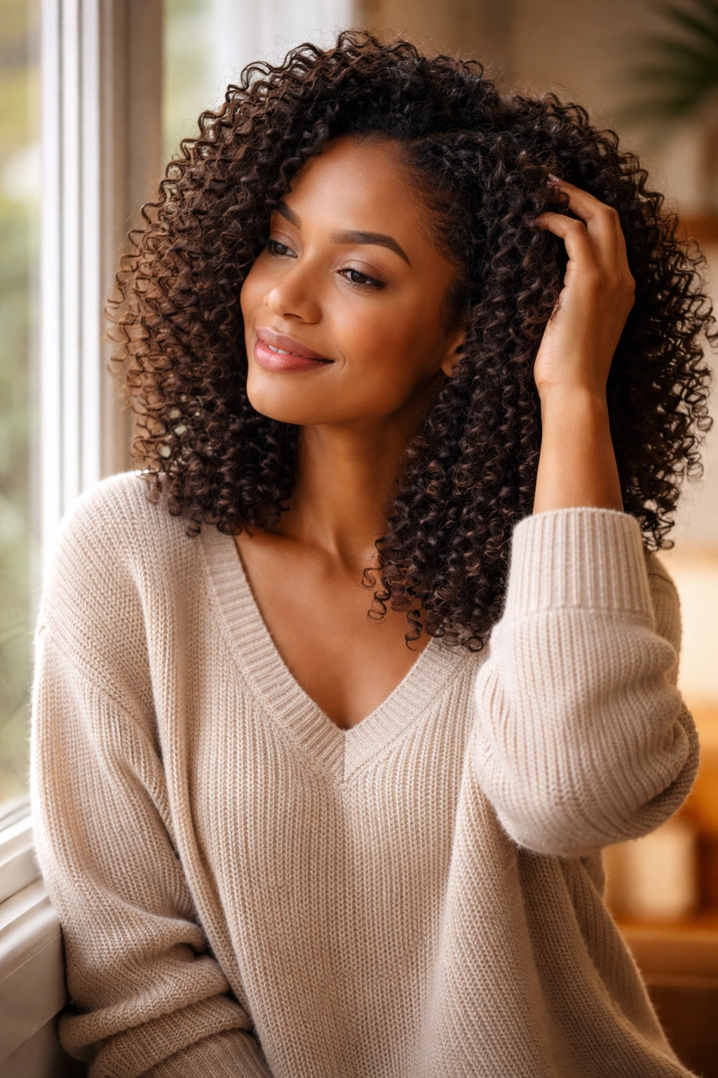 Person with healthy curly hair by a window in warm light