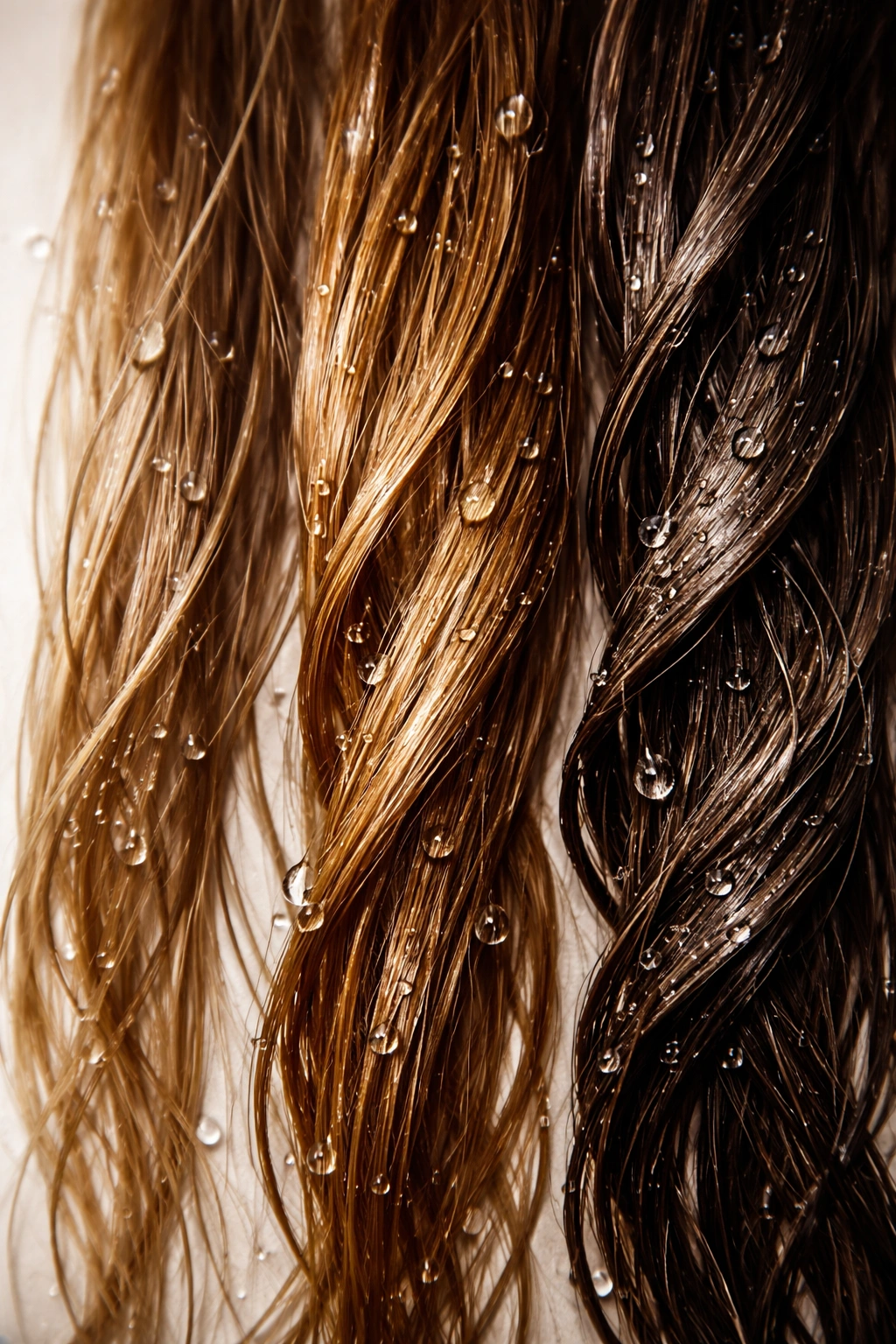 Macro close-up of hair strands with moisture droplets showing thickness variations
