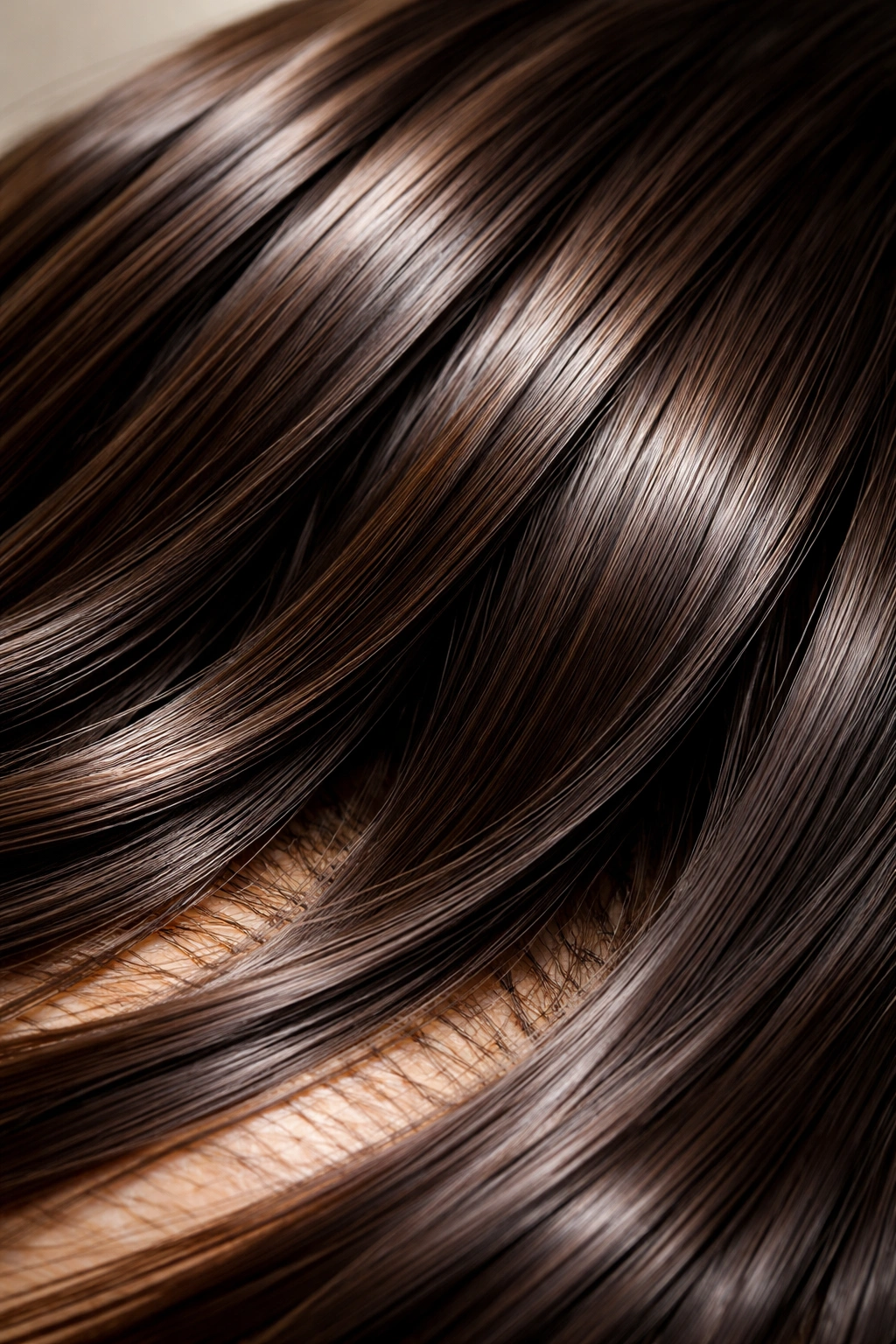 Macro close-up of thick, glossy hair strands
