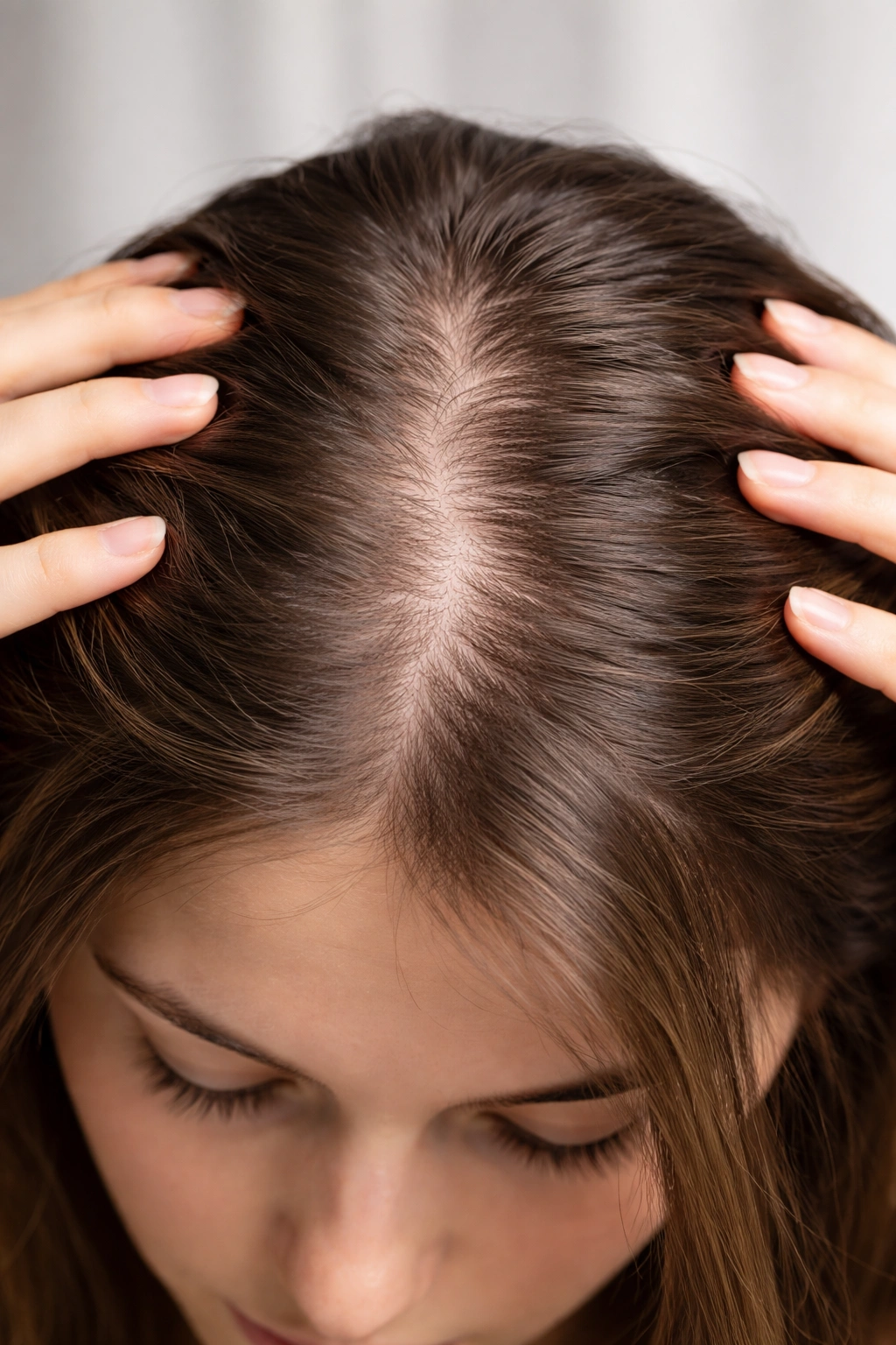 Close-up of a young adult's scalp showing thinning at the crown