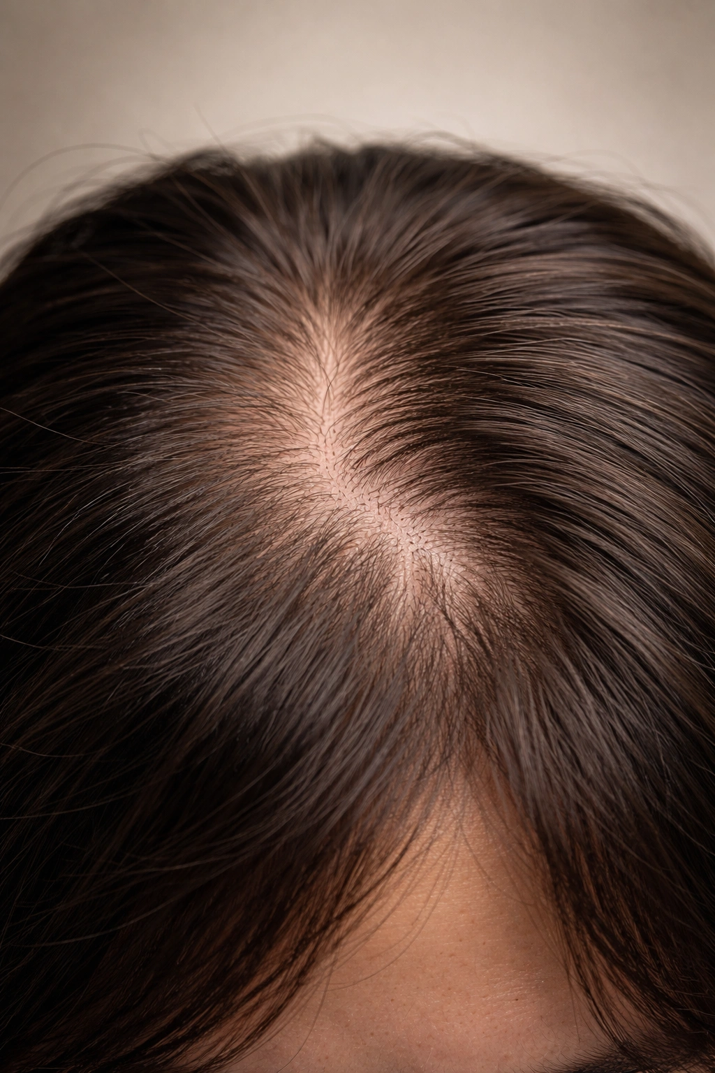 Close-up of scalp showing thinning pattern near crown, suggesting worry signs