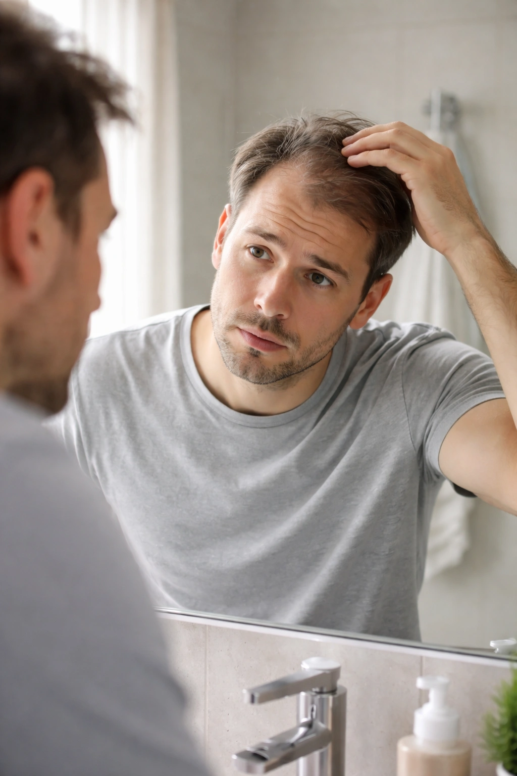 Person assessing hair thinning in a mirror, considering reversal possibilities.
