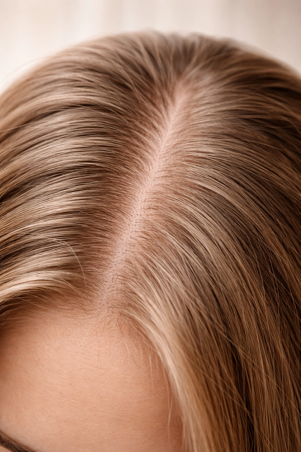 Close-up of thinning scalp showing finer hair strands and exposed scalp along part