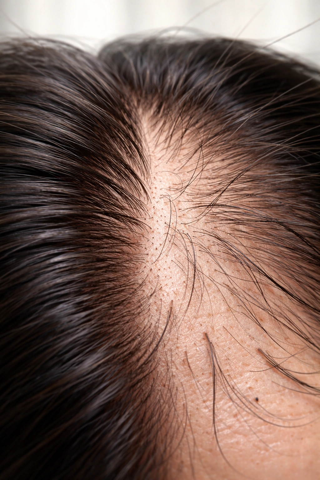 Close-up scalp with varying hair density illustrating thinning and growth cycles