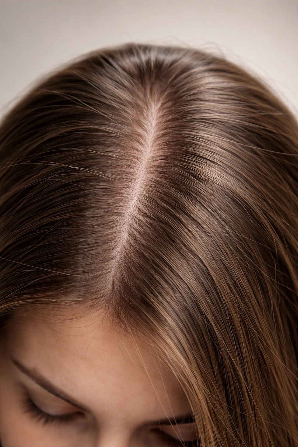 Close-up of scalp with thinning part and fine hair strands