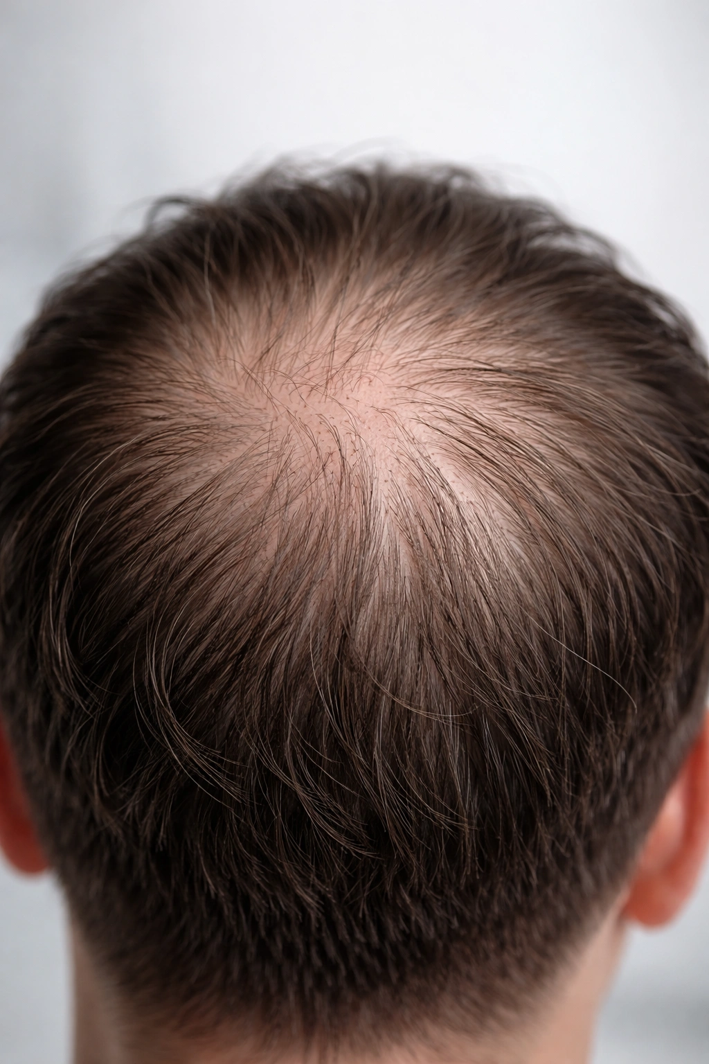 Close-up of thinning crown showing reduced hair density on scalp