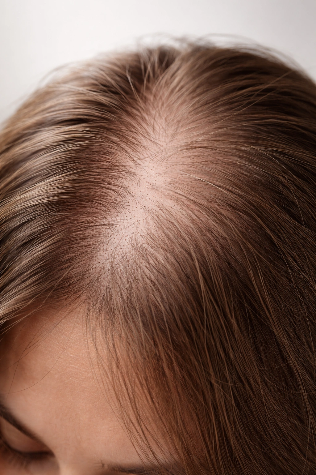 Close-up of thinning hair showing visible scalp and fine strands