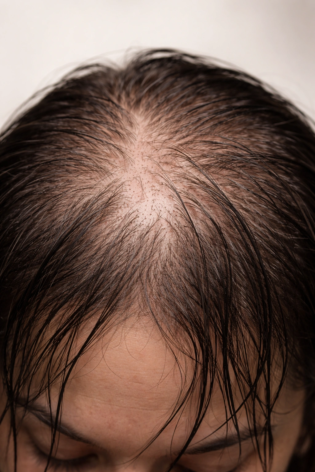 Scalp with thinning hair showing decreased density and visible scalp.