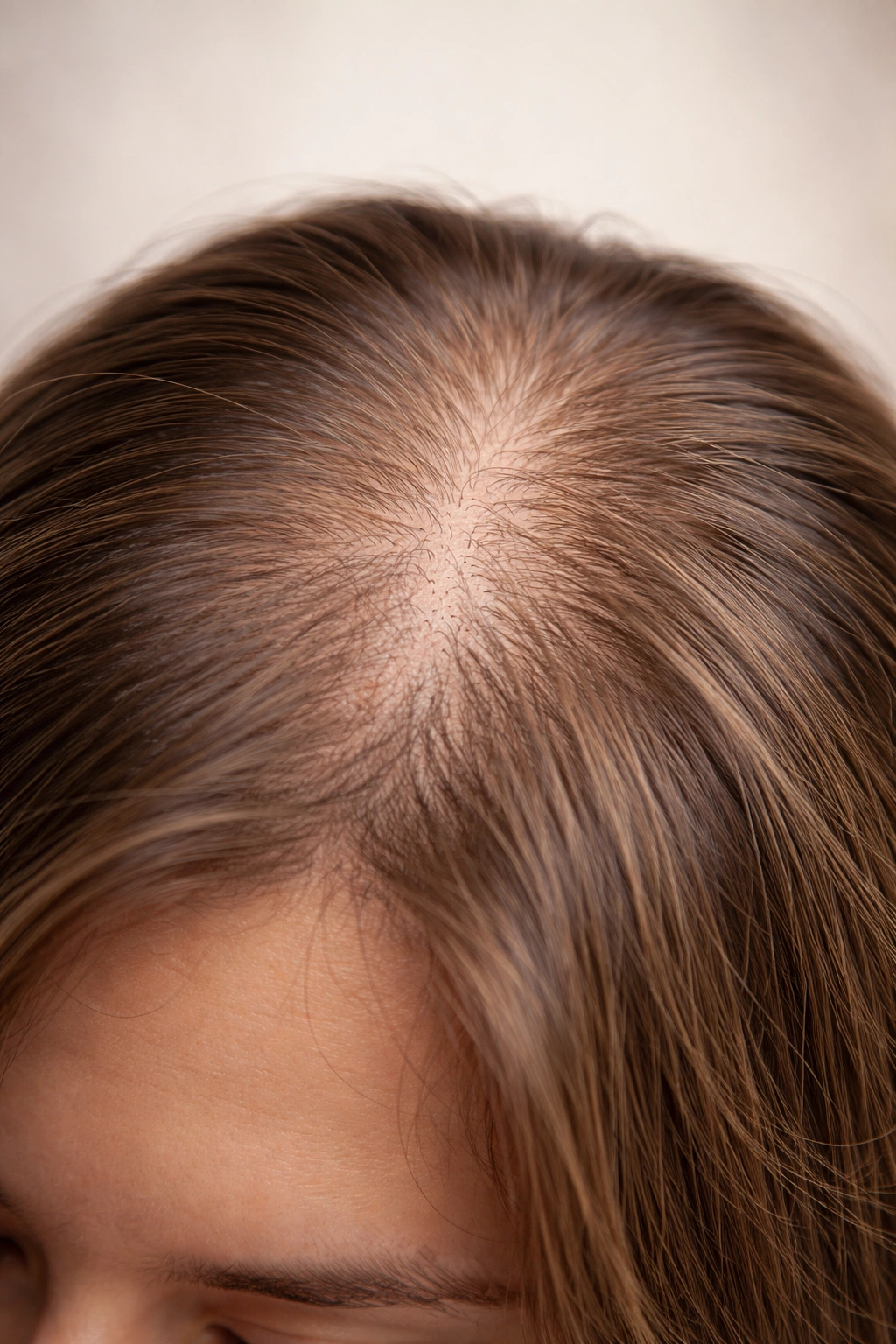 Close-up of thinning hair on the scalp at the crown with reduced density