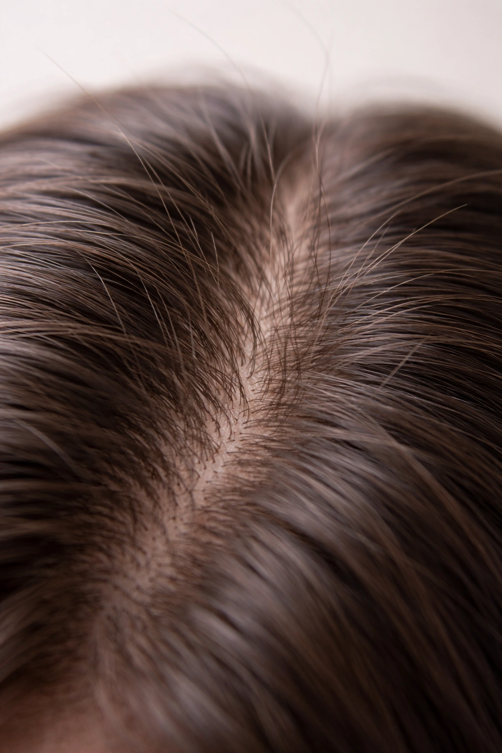 Close-up of scalp with short wispy hairs indicating slowed growth