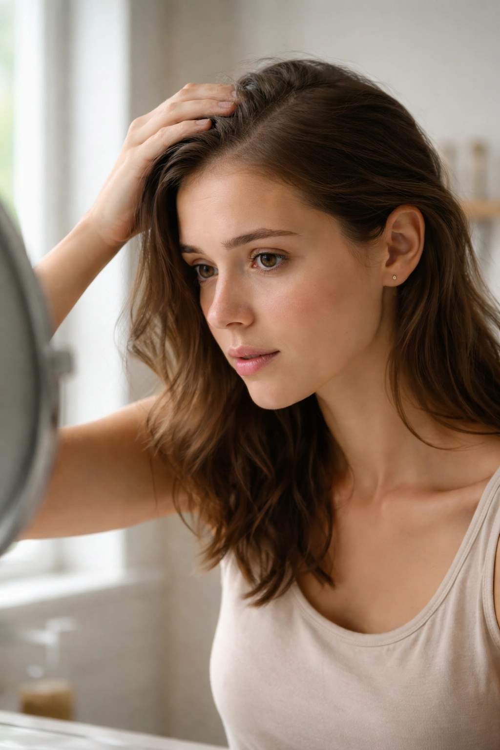 Young adult with thinning hair looking at reflection in a minimalist bathroom mirror
