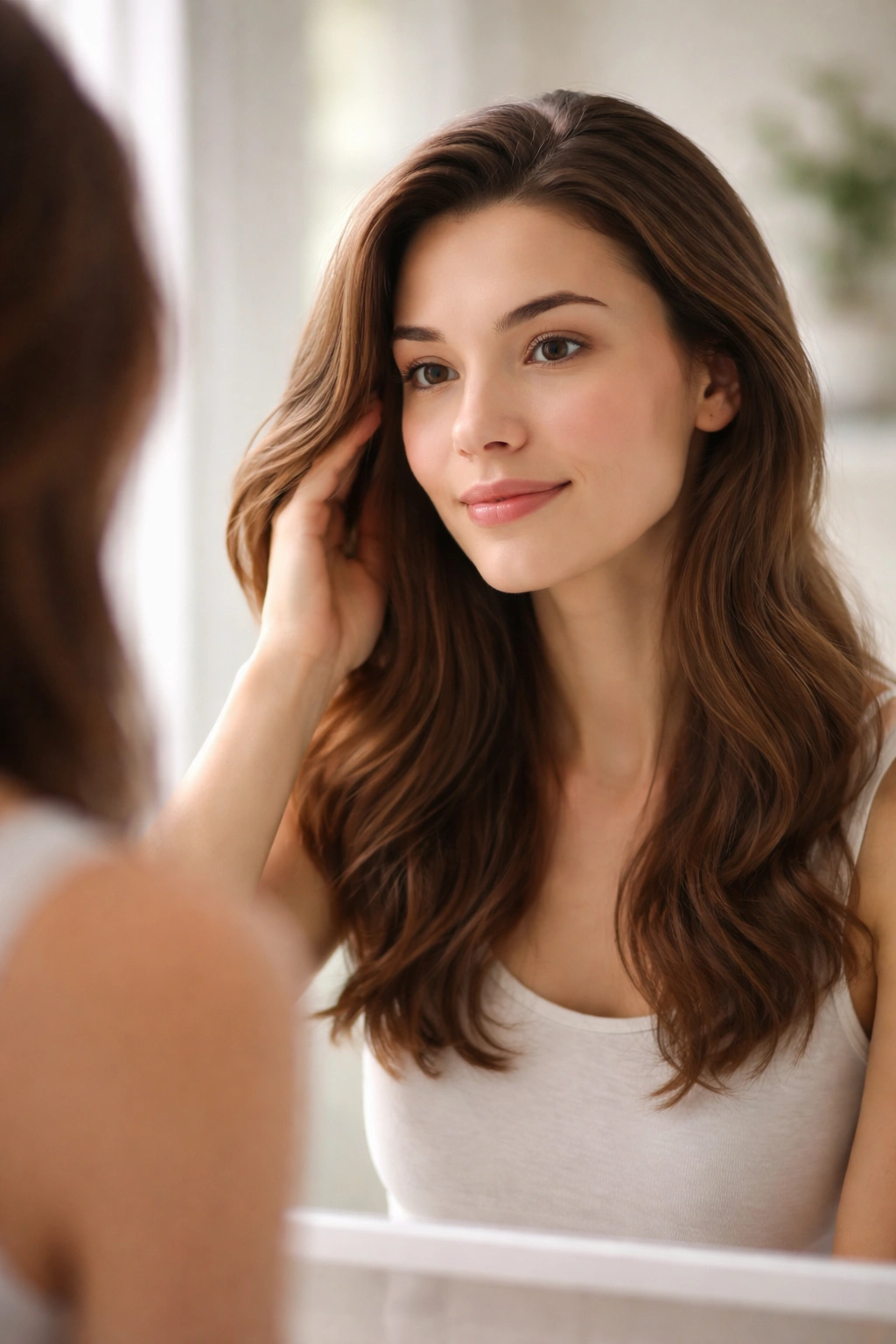 Person examining their hair in the mirror to monitor changes over time