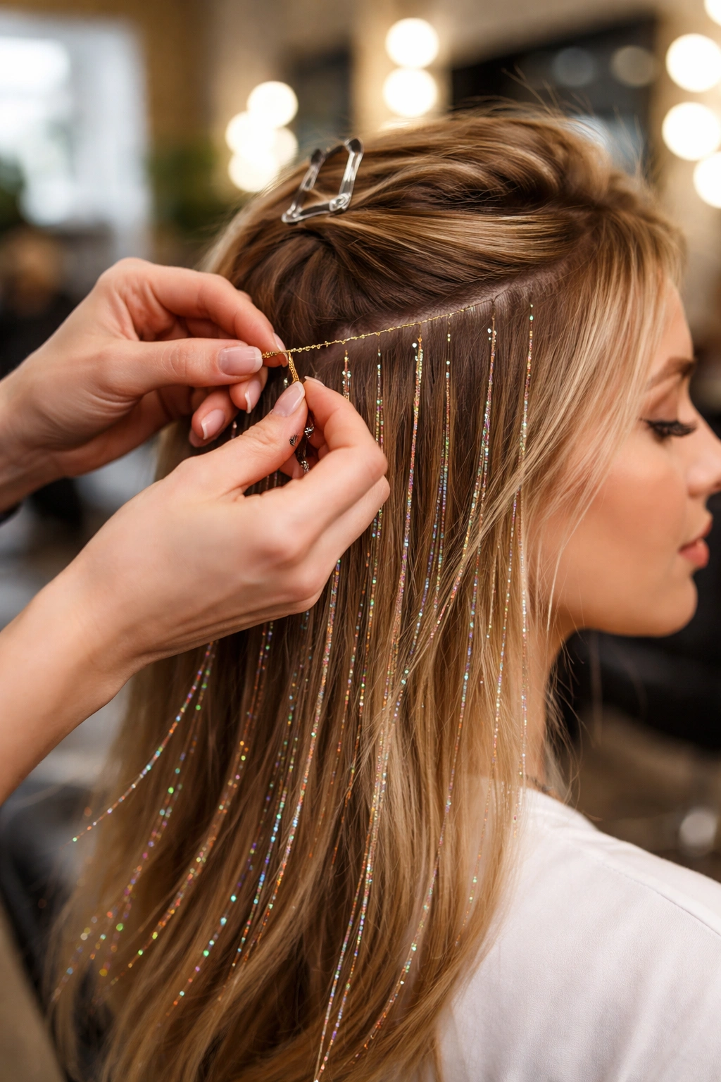 Close-up of a hairstylist securing hair tinsel knots in a professional salon
