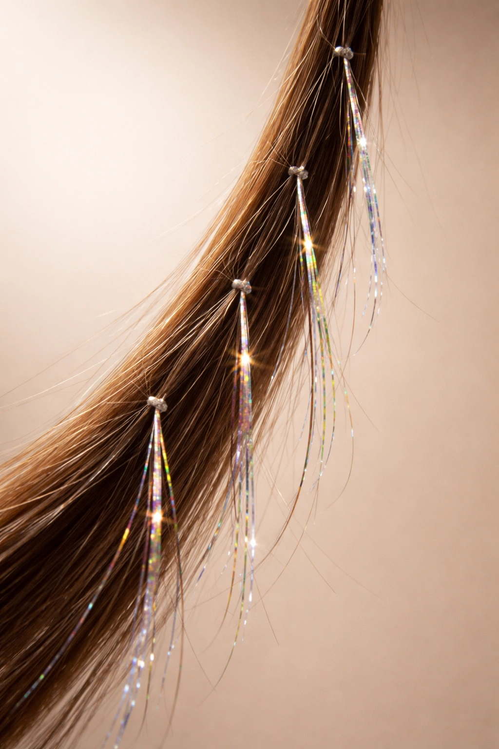 Close-up of a hair strand with tinsel attached at multiple points to imply wear over weeks.