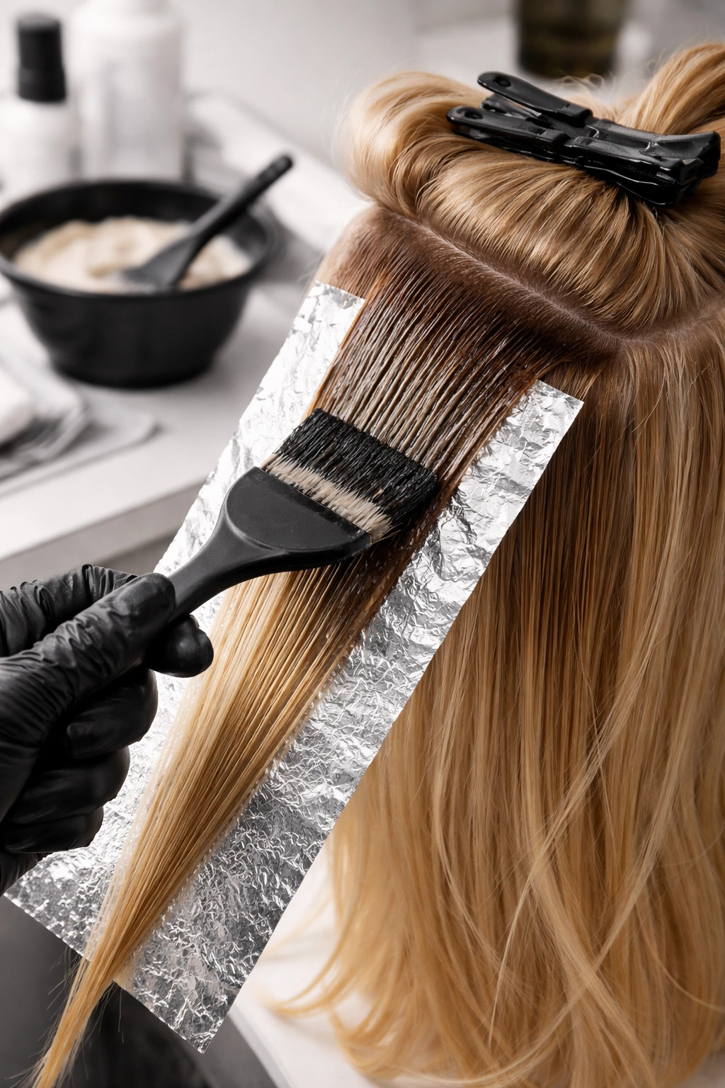 Hand applying tint to hair strand on mannequin head.