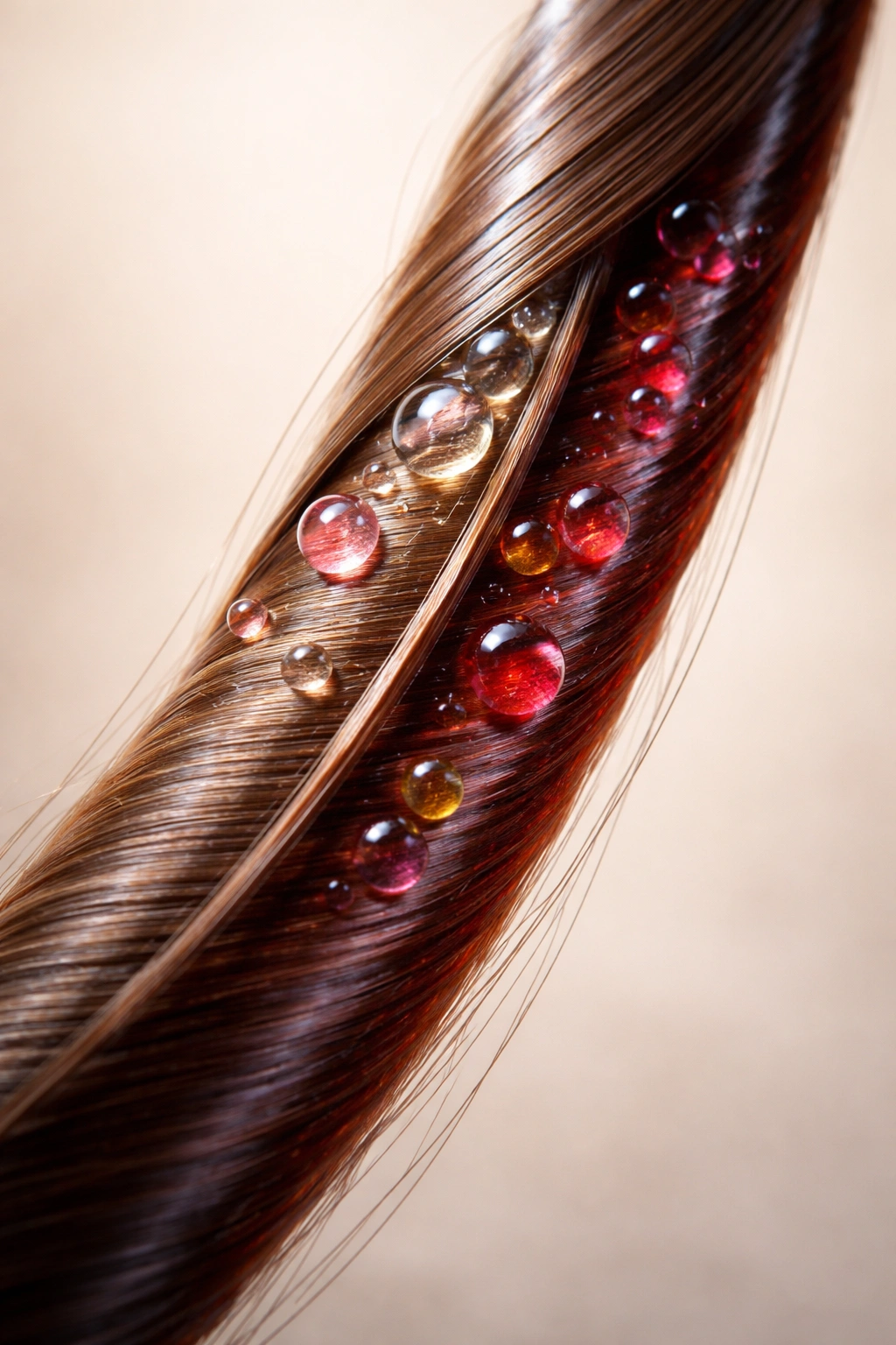 Close-up of a hair strand showing tint vs dye differences in gloss and pigment.