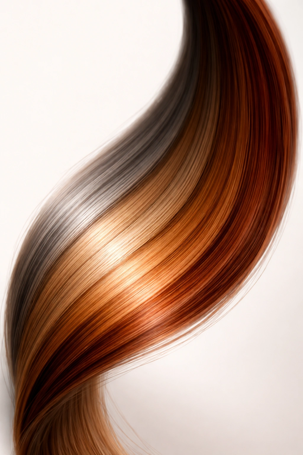 Hair strand with gradient from ash to copper representing tint choice.