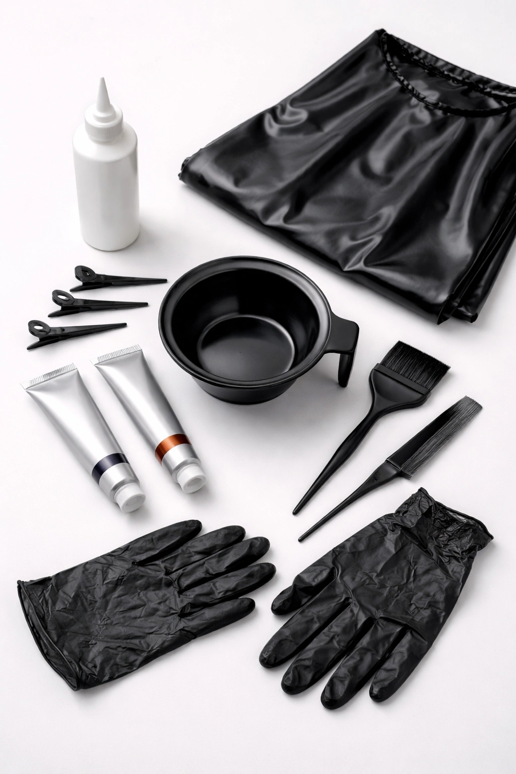 Hair tint kit neatly laid out on a clean surface with tools.