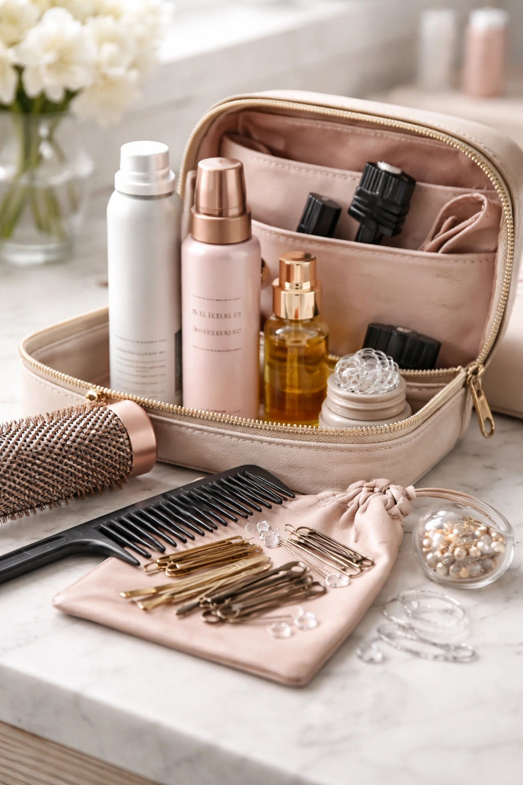 Still life of a compact hair toolkit illustrating tips for short hair bridesmaids.