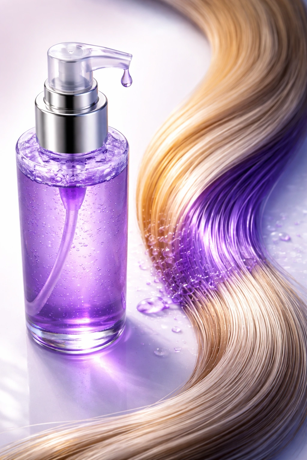Close-up of violet-toned hair toner and hair strand showing neutralization of brassiness
