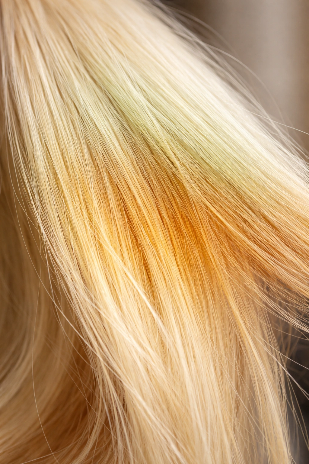Platinum blonde hair with brass ends, orange tones, dull mid-length, and a green tint