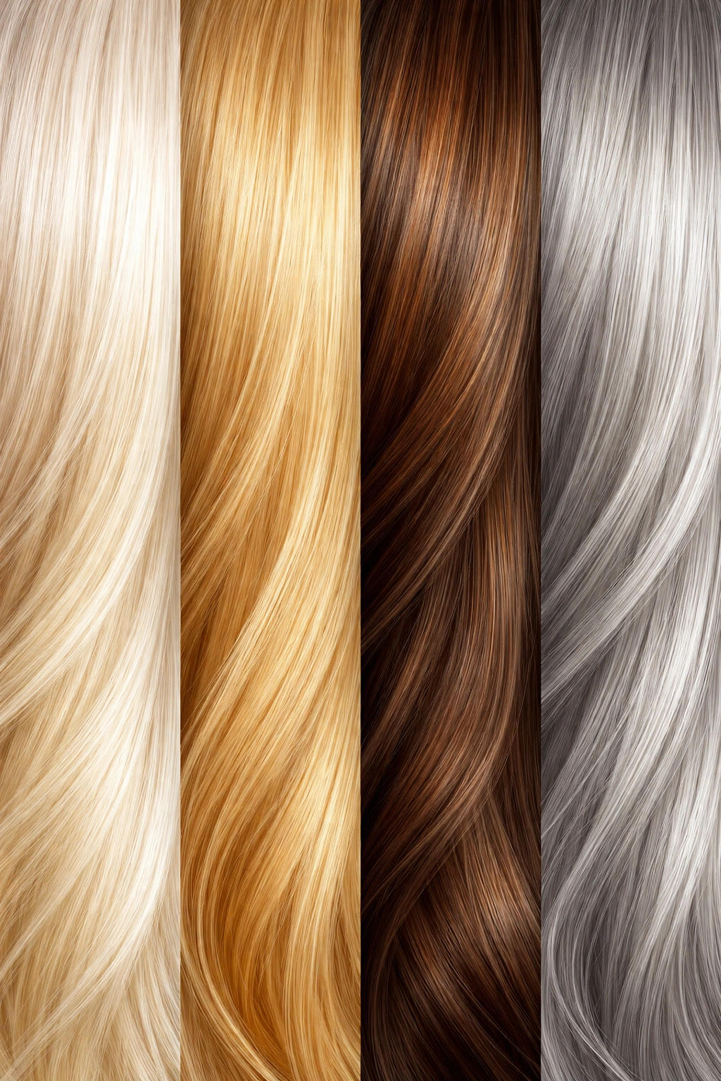 Close-up of four hair color strands showing platinum blonde, warm blonde, brunette, and grey tones for toner needs