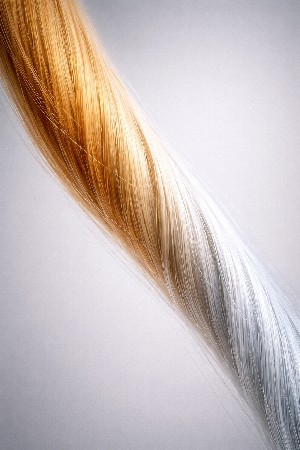 Hair strand with brass to cool-toned gradient illustrating toning frequency concept