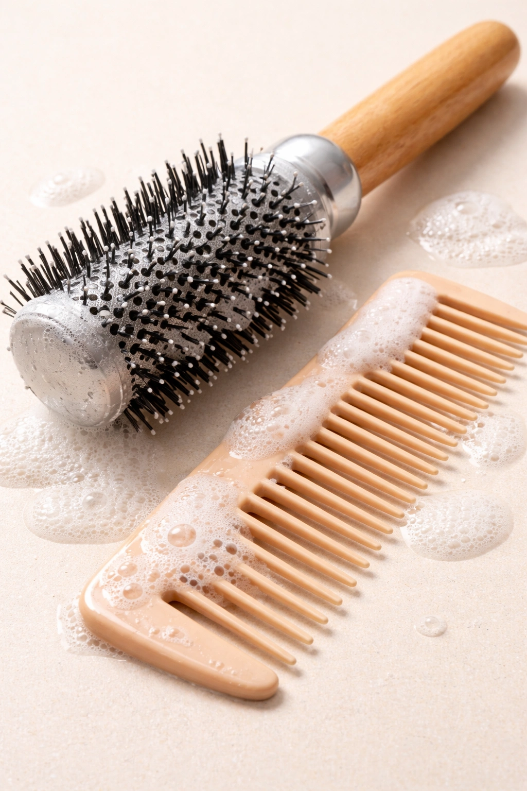 Close-up of a hairbrush and a comb on a neutral background.