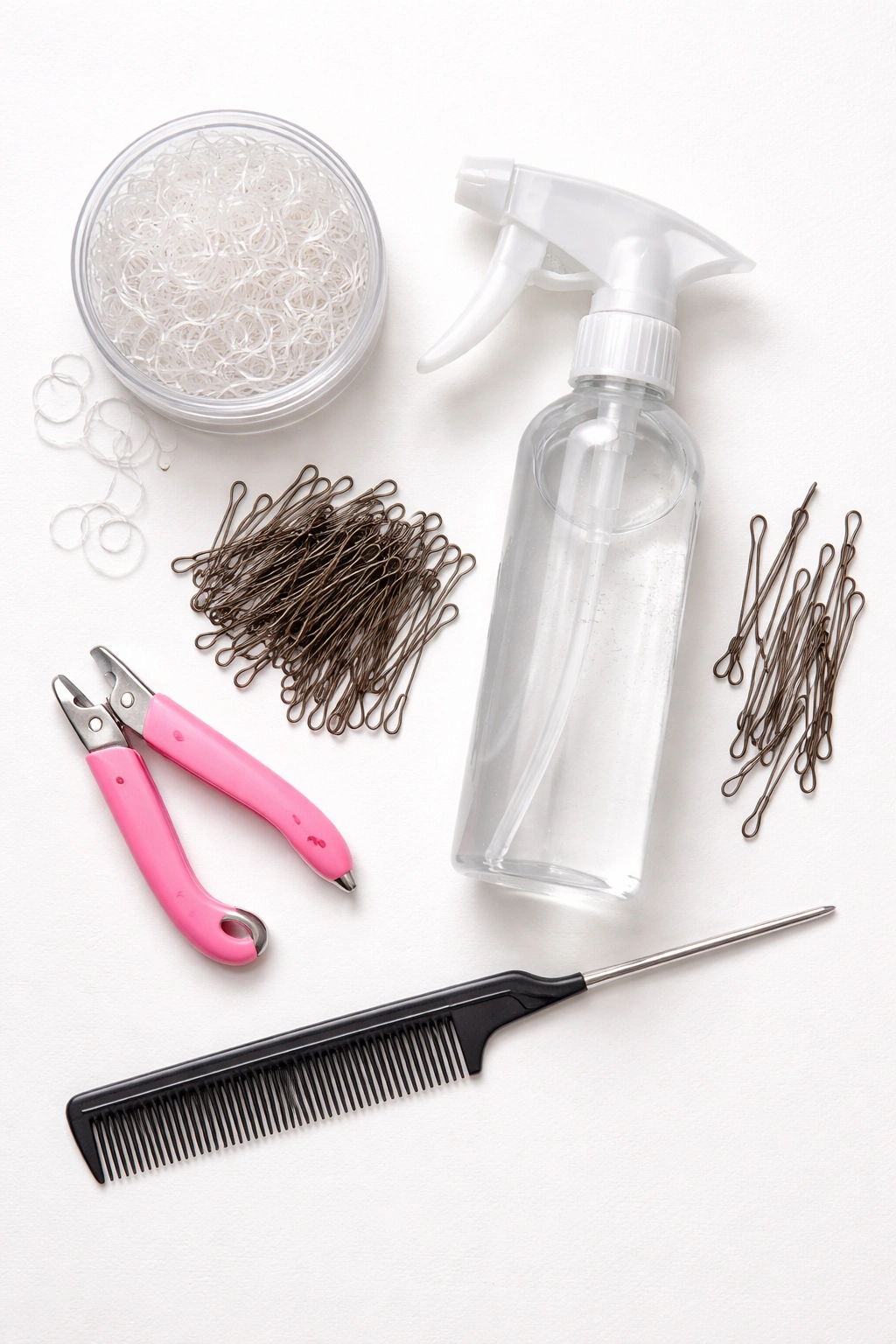 Flat lay of hair tools including elastics, spray bottle, pins, comb, and cutters.