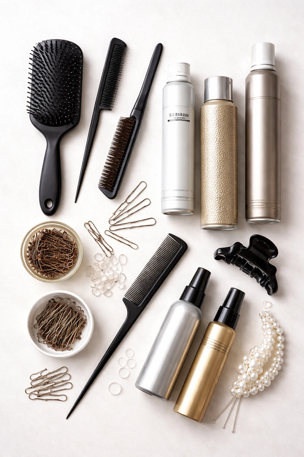 Flat lay of hair tools and products for creating updos at home