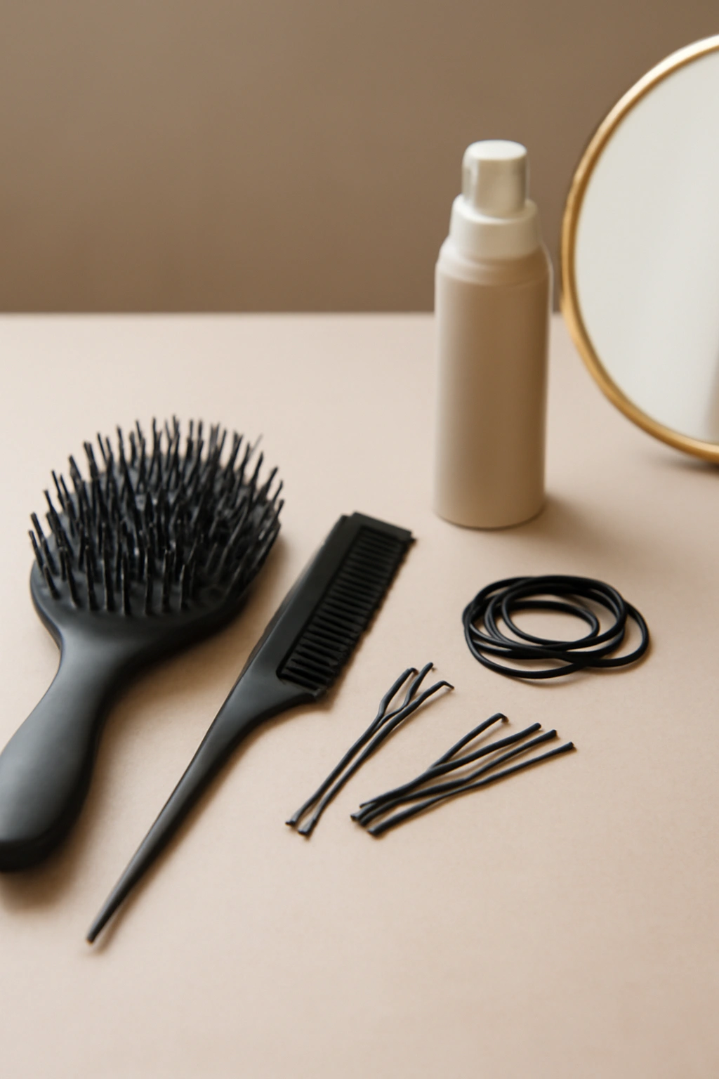 Still-life of hair tools for spiral braids including brushes, combs, elastics, pins, spray and a mirror.