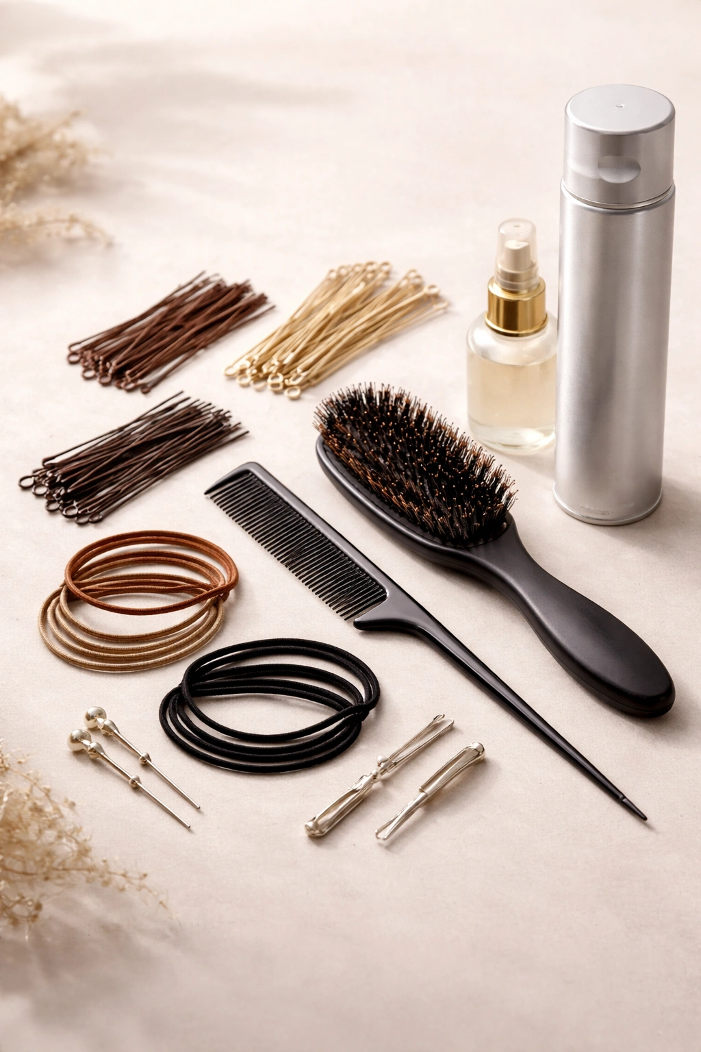 Flat lay of hair styling tools including pins, elastics, comb, brush, and spray