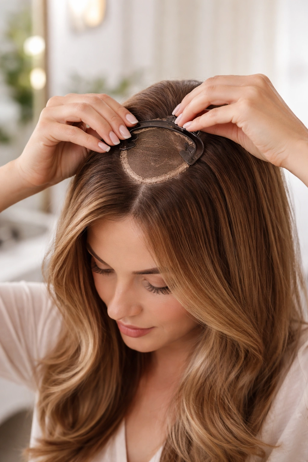 Close-up of hands clipping a hair topper onto the crown.