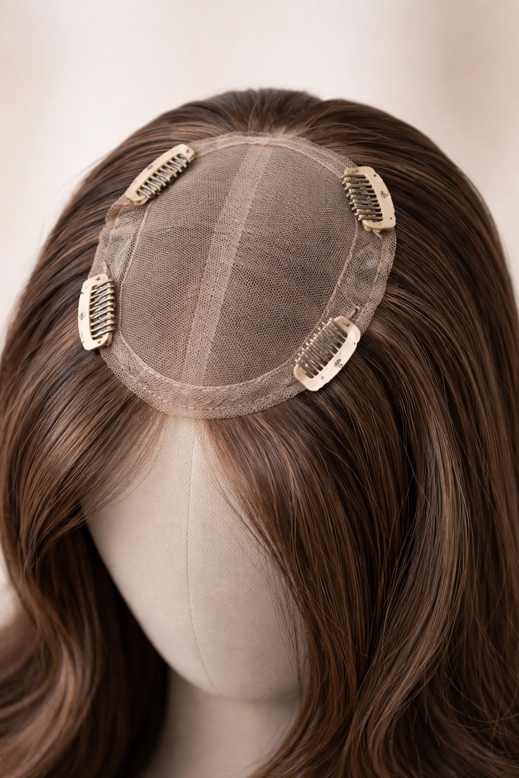 Close-up of a hair topper on a head form showing lace/monofilament base and clips