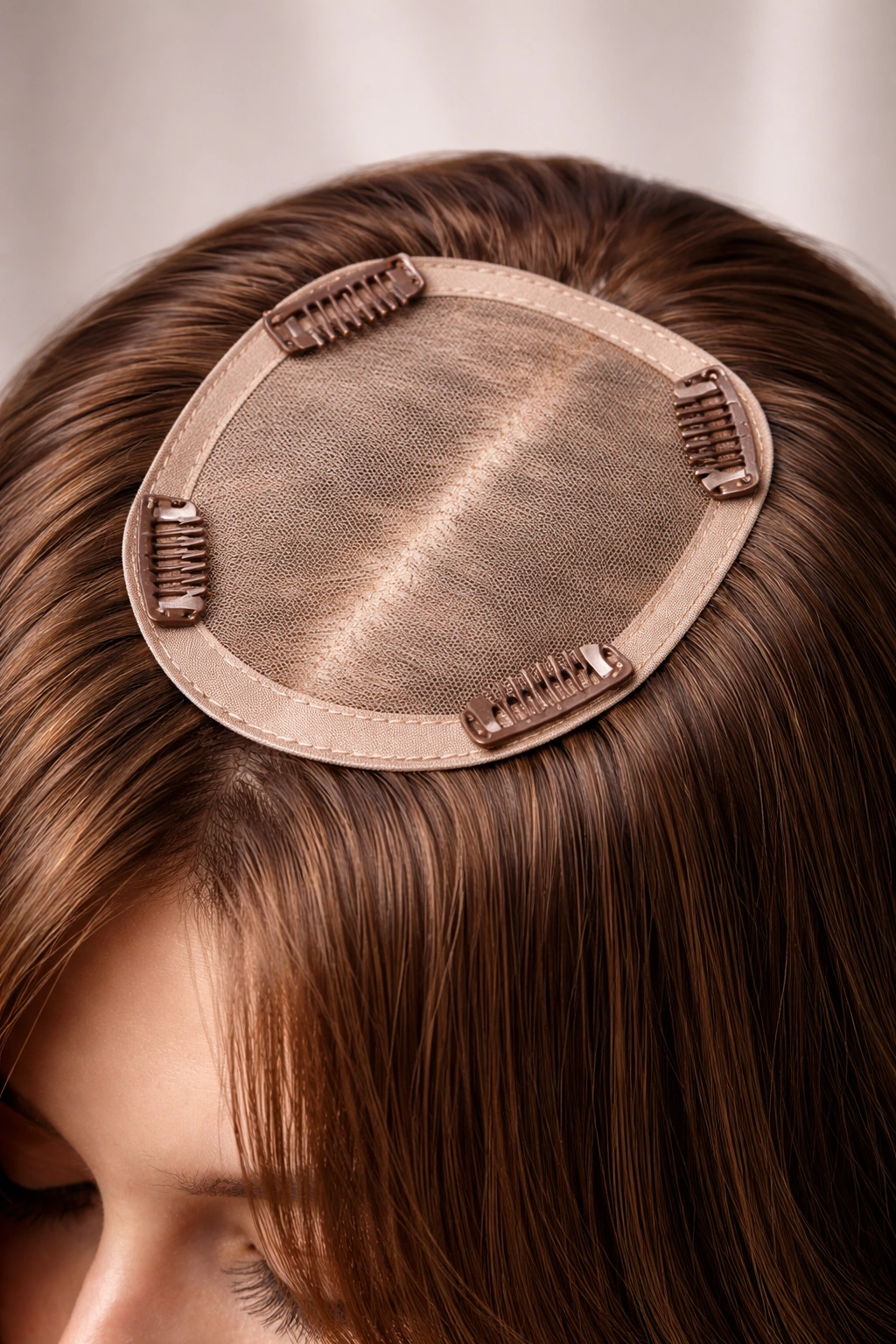 Close-up of a hair topper base on a scalp model showing natural blending