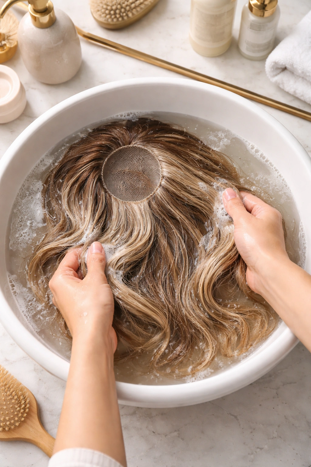 Hair topper being washed in basin with warm water and gentle handling.