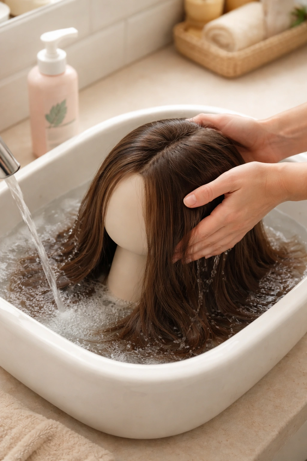 Washing a hair topper in cool water with gentle handling.