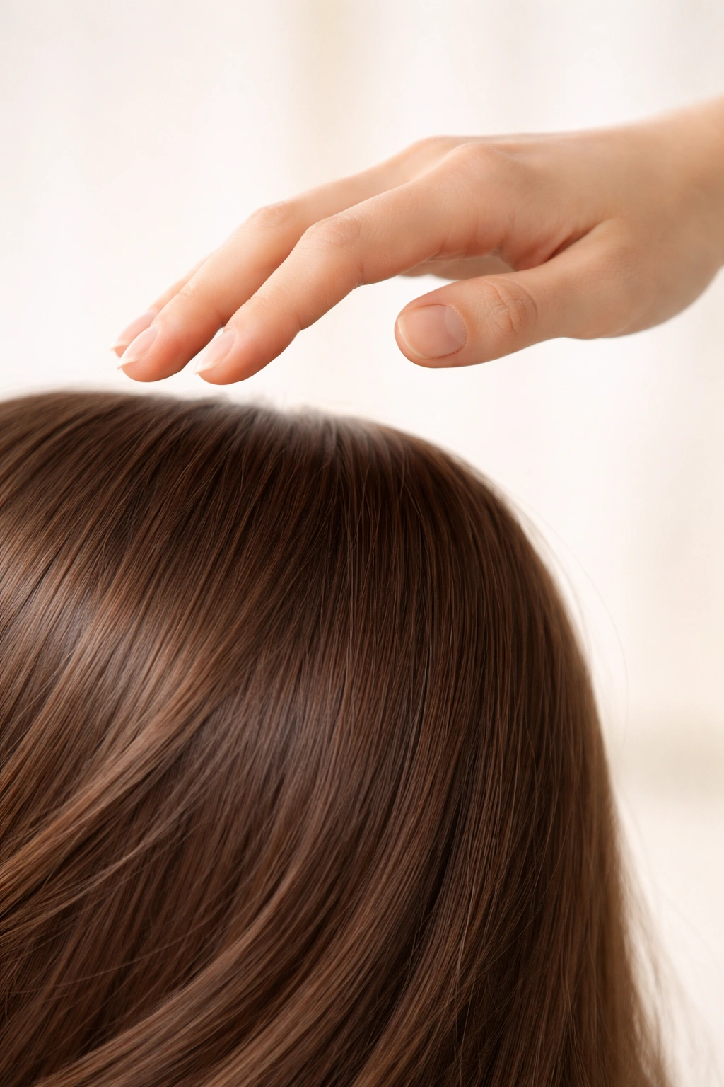 Hand about to touch a single hair strand after blow-drying.