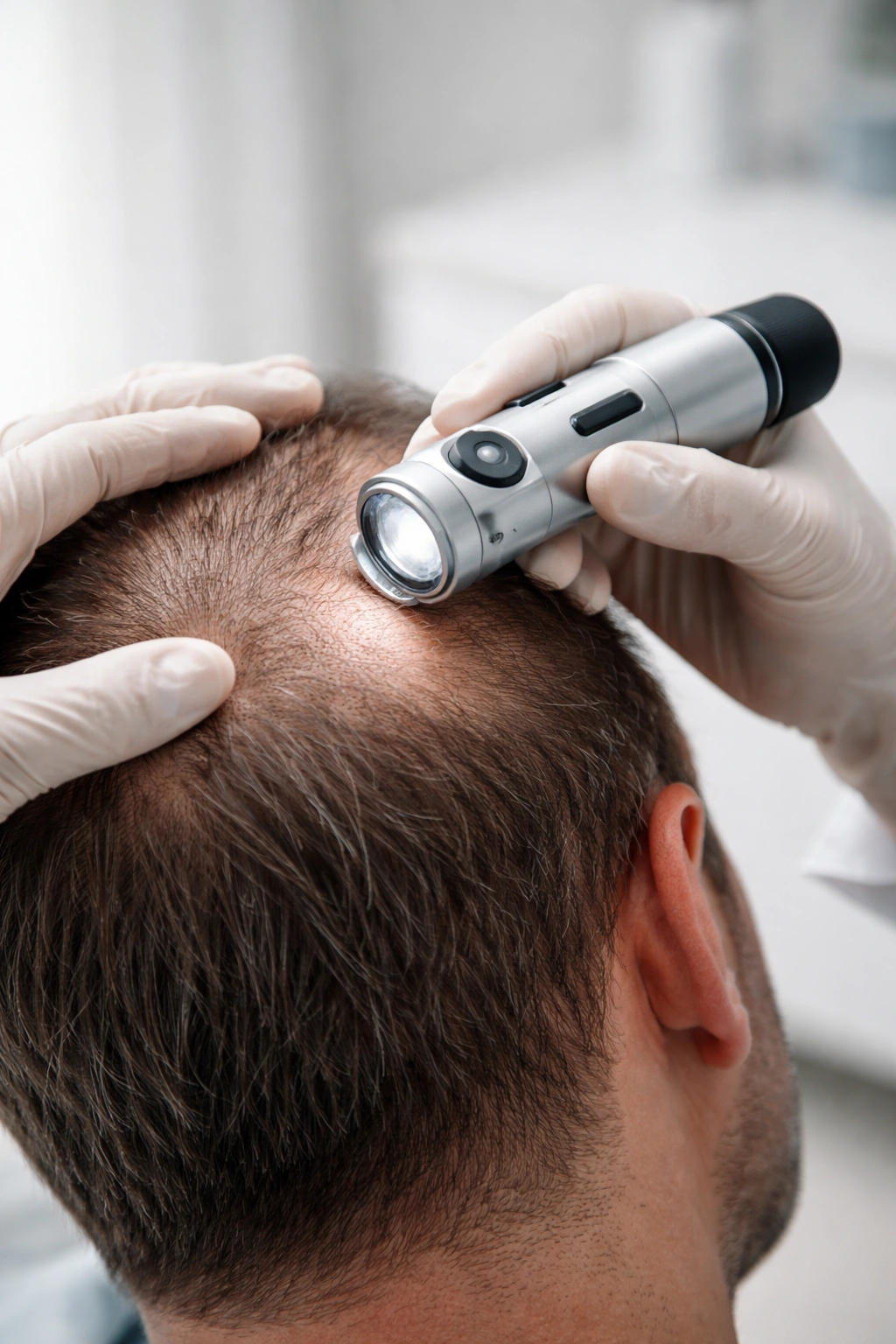 Clinical scalp assessment using dermoscope to evaluate donor area for hair transplant candidacy