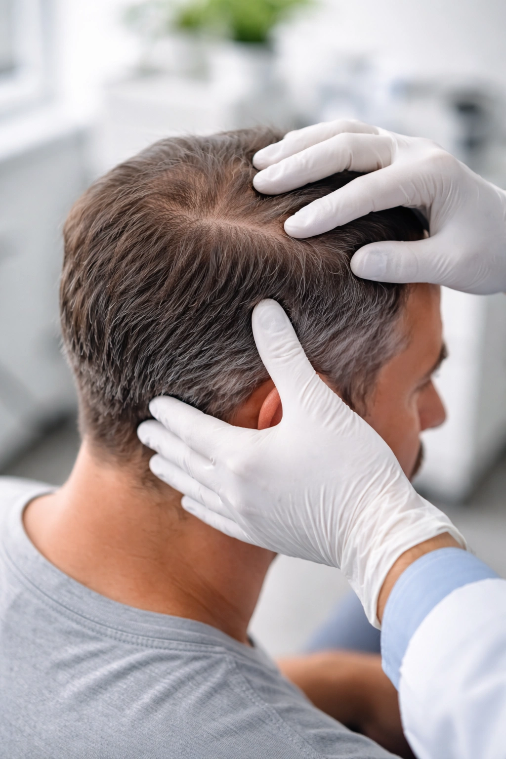 Clinician assessing donor area on patient’s scalp for transplant candidacy