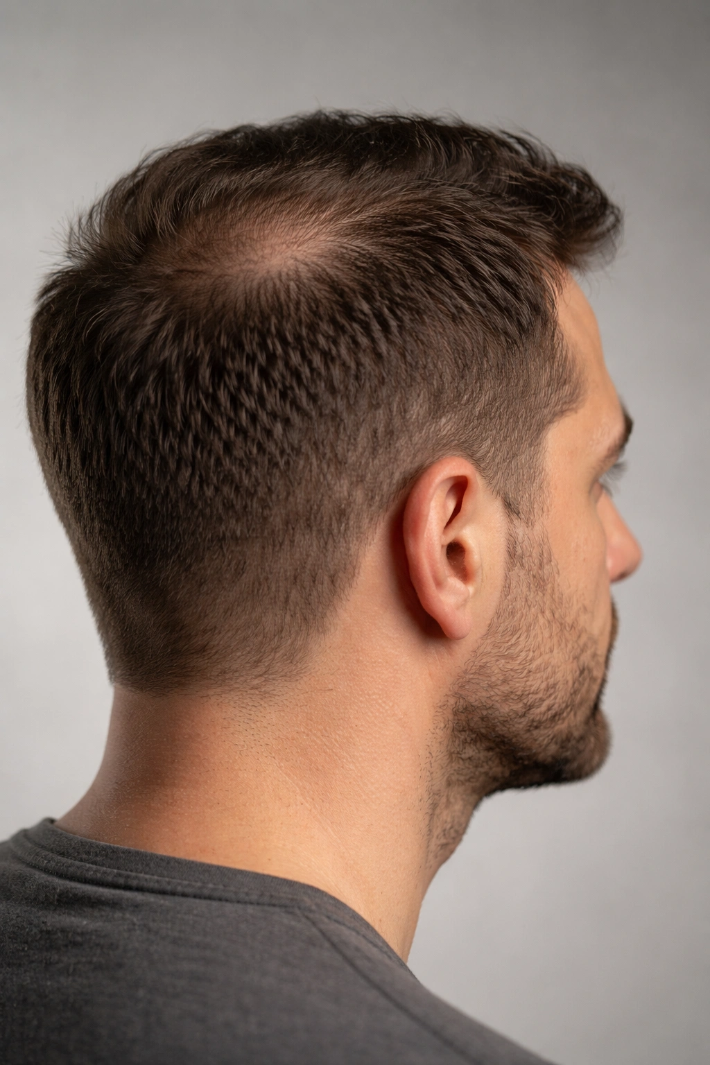 Close-up side profile of a man's scalp showing donor-area density and crown thinning