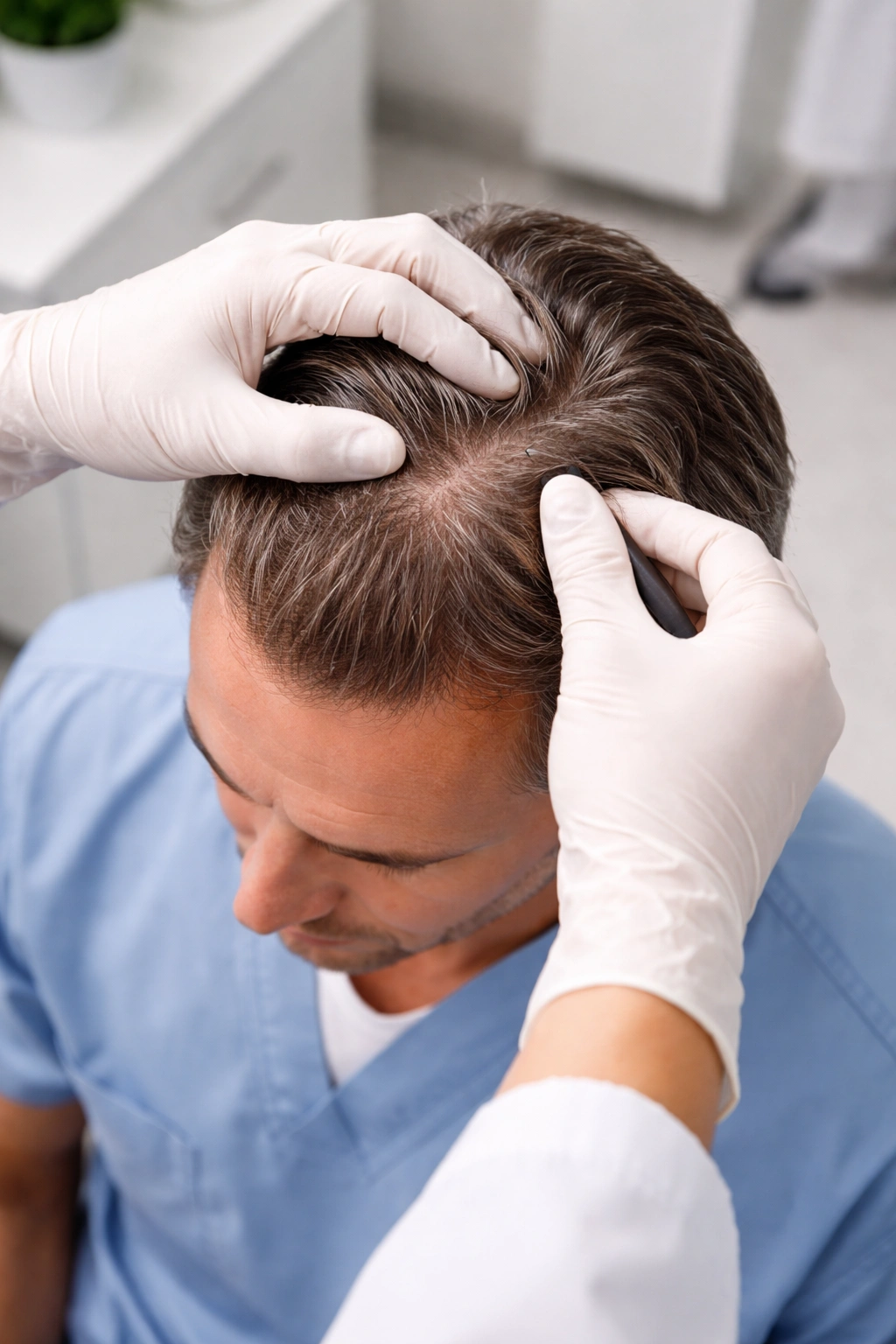 Gloved hands assessing donor density on a scalp for transplantation suitability