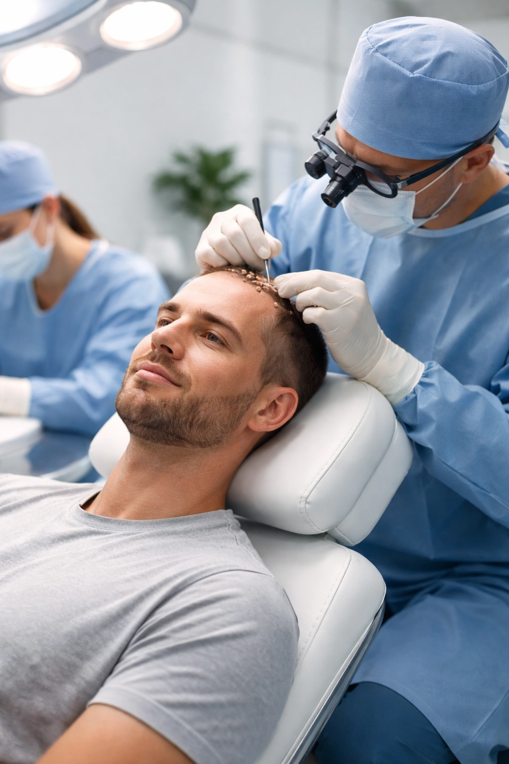 Patient in reclining chair during hair transplant with surgeon at scalp