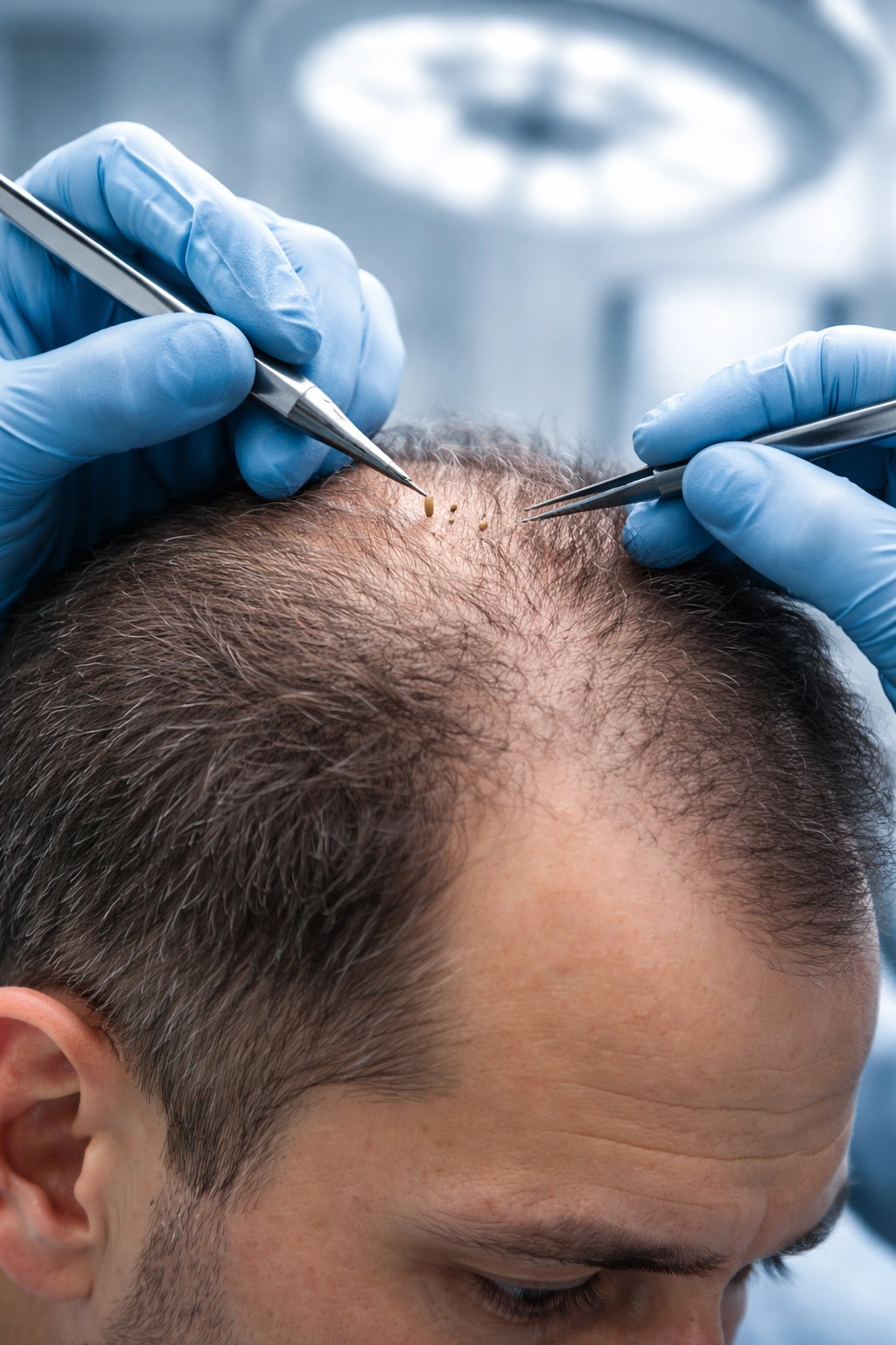 Close-up of a scalp during a hair transplant consultation in a clinical setting