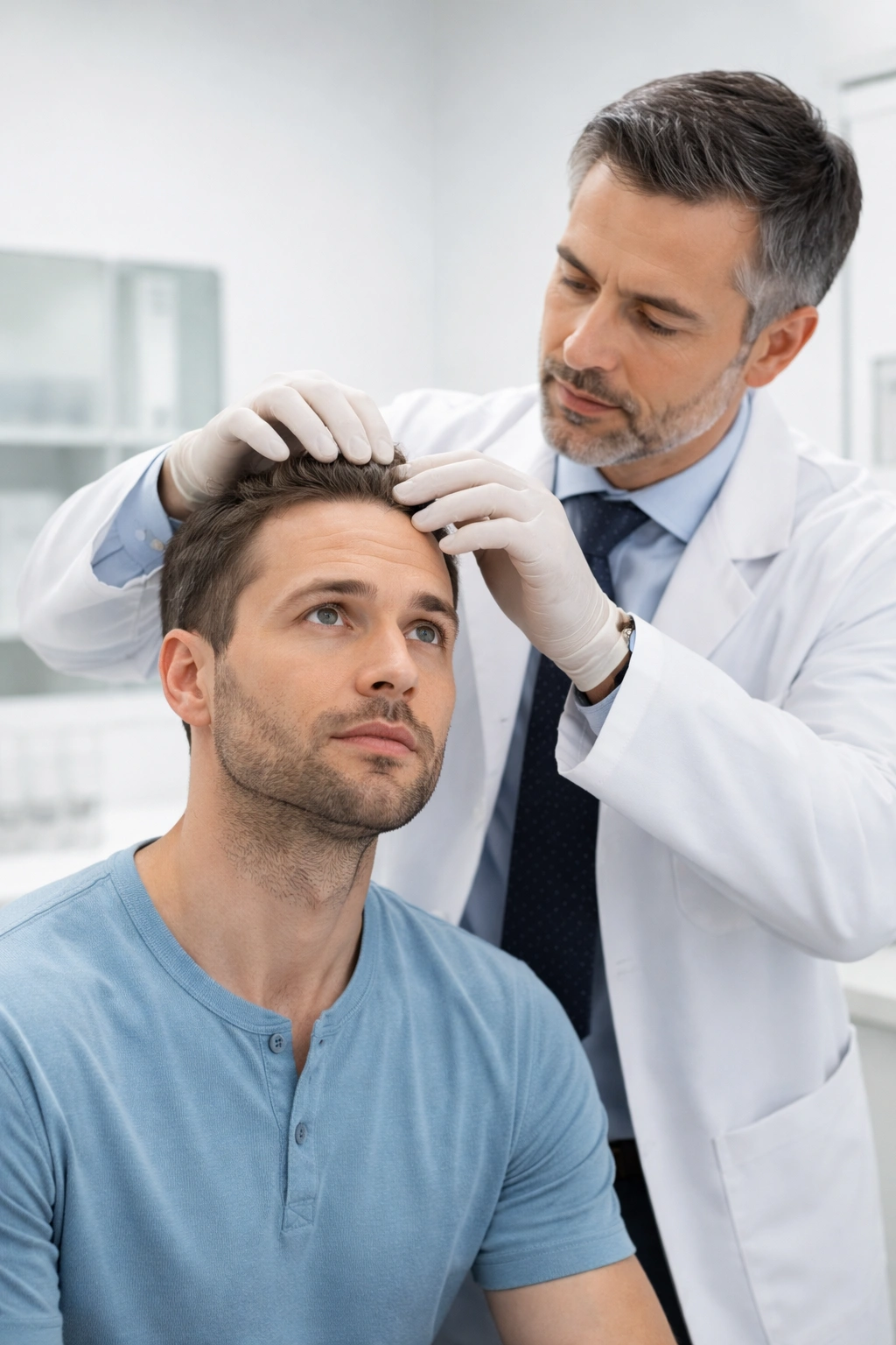 Patient and surgeon during a hair loss consultation in a clinical exam room