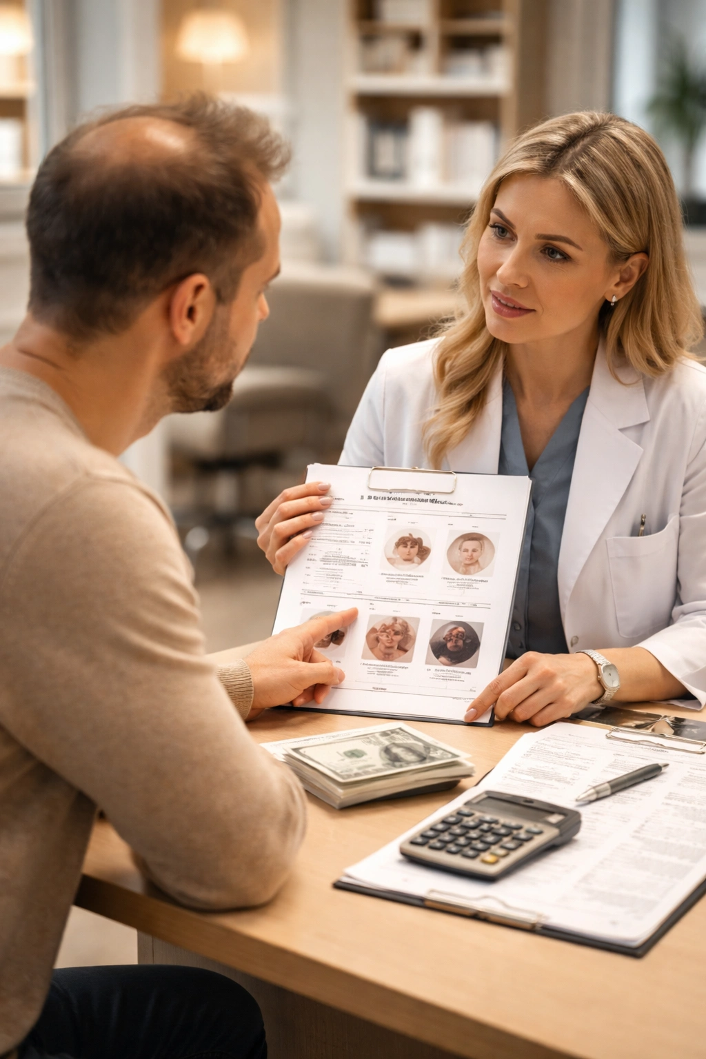 Consultation scene discussing hair transplant costs with blank document